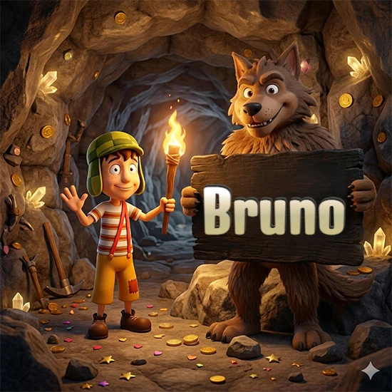 Cueva con monedas de oro y cristales brillantes. Niño de dibujos animados con sombrero verde y camisa a rayas con una antorcha encendida. Lobo grande sonriente con cartel de madera oscura mostrando el nombre Bruno en blanco.