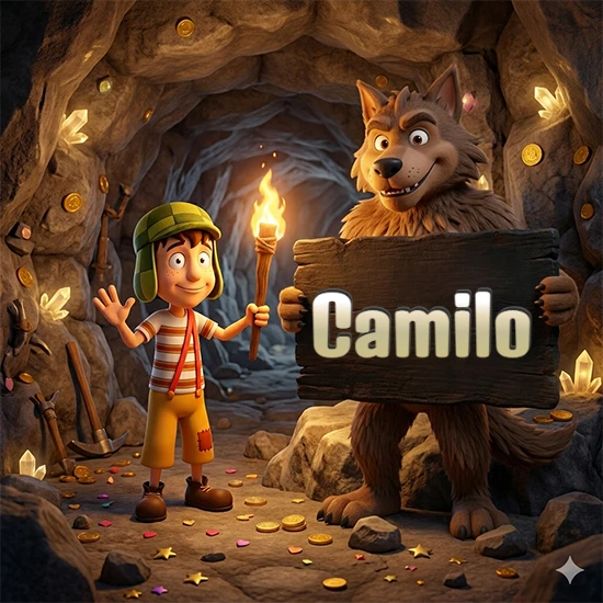 Cueva con monedas de oro y cristales brillantes. Niño de dibujos animados con sombrero verde y camisa a rayas con una antorcha encendida. Lobo grande sonriente con cartel de madera oscura mostrando el nombre Camilo en blanco.