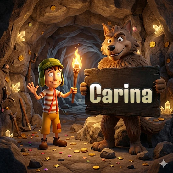 Cueva con monedas de oro y cristales brillantes. Niño de dibujos animados con sombrero verde y camisa a rayas con una antorcha encendida. Lobo grande sonriente con cartel de madera oscura mostrando el nombre Carina en blanco.