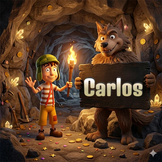 Cueva con monedas de oro y cristales brillantes. Niño de dibujos animados con sombrero verde y camisa a rayas con una antorcha encendida. Lobo grande sonriente con cartel de madera oscura mostrando el nombre Carlos en blanco.