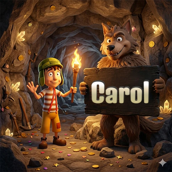 Cueva con monedas de oro y cristales brillantes. Niño de dibujos animados con sombrero verde y camisa a rayas con una antorcha encendida. Lobo grande sonriente con cartel de madera oscura mostrando el nombre Carol en blanco.