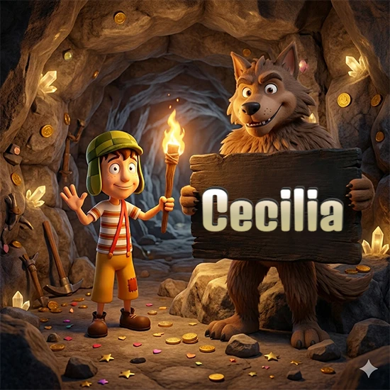 Cueva con monedas de oro y cristales brillantes. Niño de dibujos animados con sombrero verde y camisa a rayas con una antorcha encendida. Lobo grande sonriente con cartel de madera oscura mostrando el nombre Cecilia en blanco. Cueva con monedas de oro y cristales brillantes. Niño de dibujos animados con sombrero verde y camisa a rayas con una antorcha encendida. Lobo grande sonriente con cartel de madera oscura mostrando el nombre Cecilia en blanco.