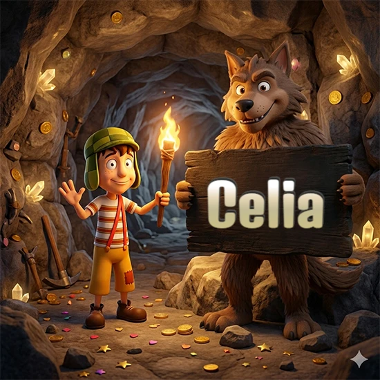 Cueva con monedas de oro y cristales brillantes. Niño de dibujos animados con sombrero verde y camisa a rayas con una antorcha encendida. Lobo grande sonriente con cartel de madera oscura mostrando el nombre Celia en blanco.
