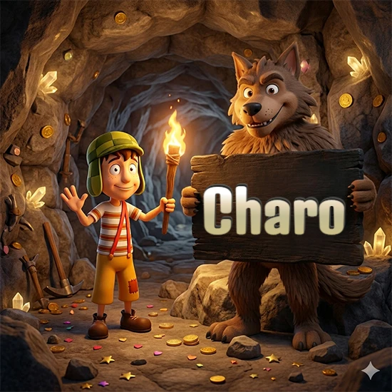 Cueva con monedas de oro y cristales brillantes. Niño de dibujos animados con sombrero verde y camisa a rayas con una antorcha encendida. Lobo grande sonriente con cartel de madera oscura mostrando el nombre Charo en blanco. Cueva con monedas de oro y cristales brillantes. Niño de dibujos animados con sombrero verde y camisa a rayas con una antorcha encendida. Lobo grande sonriente con cartel de madera oscura mostrando el nombre Charo en blanco.
