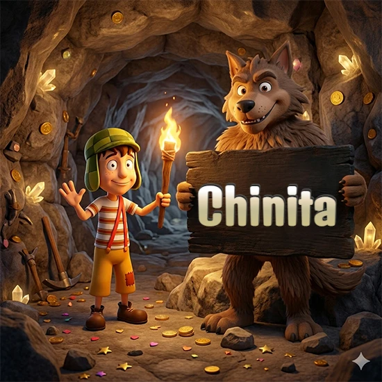 Cueva con monedas de oro y cristales brillantes. Niño de dibujos animados con sombrero verde y camisa a rayas con una antorcha encendida. Lobo grande sonriente con cartel de madera oscura mostrando el nombre Chinita en blanco.