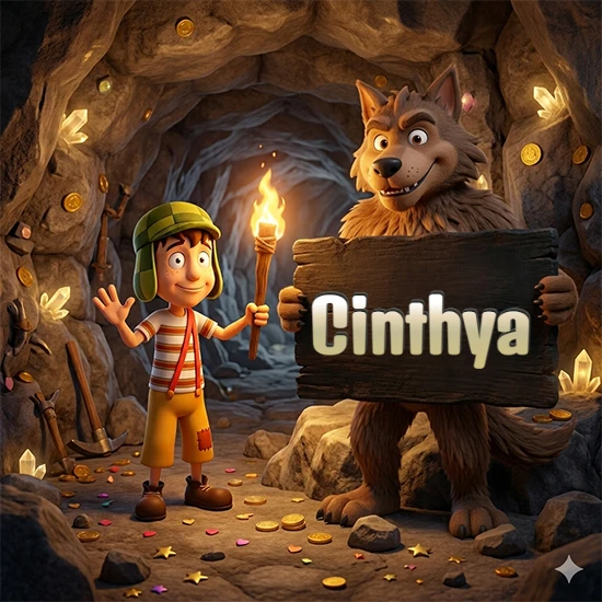 Cueva con monedas de oro y cristales brillantes. Niño de dibujos animados con sombrero verde y camisa a rayas con una antorcha encendida. Lobo grande sonriente con cartel de madera oscura mostrando el nombre Cinthya en blanco.