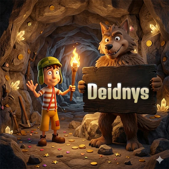 Cueva con monedas de oro y cristales brillantes. Niño de dibujos animados con sombrero verde y camisa a rayas con una antorcha encendida. Lobo grande sonriente con cartel de madera oscura mostrando el nombre Deidnys en blanco. Cueva con monedas de oro y cristales brillantes. Niño de dibujos animados con sombrero verde y camisa a rayas con una antorcha encendida. Lobo grande sonriente con cartel de madera oscura mostrando el nombre Deidnys en blanco.