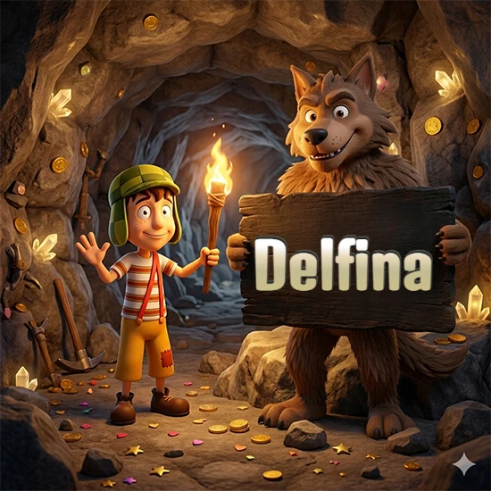 Cueva con monedas de oro y cristales brillantes. Niño de dibujos animados con sombrero verde y camisa a rayas con una antorcha encendida. Lobo grande sonriente con cartel de madera oscura mostrando el nombre Delfina en blanco. Cueva con monedas de oro y cristales brillantes. Niño de dibujos animados con sombrero verde y camisa a rayas con una antorcha encendida. Lobo grande sonriente con cartel de madera oscura mostrando el nombre Delfina en blanco.