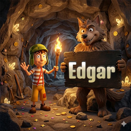 Cueva con monedas de oro y cristales brillantes. Niño de dibujos animados con sombrero verde y camisa a rayas con una antorcha encendida. Lobo grande sonriente con cartel de madera oscura mostrando el nombre Edgar en blanco.