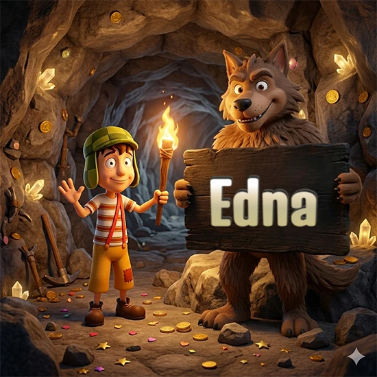 Cueva con monedas de oro y cristales brillantes. Niño de dibujos animados con sombrero verde y camisa a rayas con una antorcha encendida. Lobo grande sonriente con cartel de madera oscura mostrando el nombre Edna en blanco.