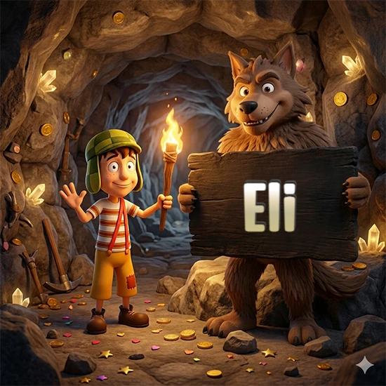 Cueva con monedas de oro y cristales brillantes. Niño de dibujos animados con sombrero verde y camisa a rayas con una antorcha encendida. Lobo grande sonriente con cartel de madera oscura mostrando el nombre Eli en blanco.
