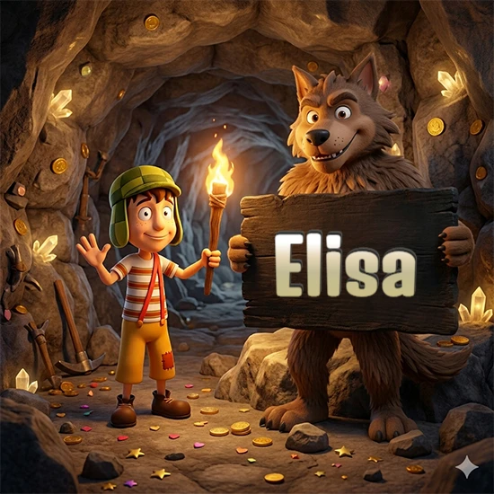 Cueva con monedas de oro y cristales brillantes. Niño de dibujos animados con sombrero verde y camisa a rayas con una antorcha encendida. Lobo grande sonriente con cartel de madera oscura mostrando el nombre Elisa en blanco.