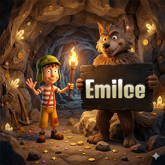 Cueva con monedas de oro y cristales brillantes. Niño de dibujos animados con sombrero verde y camisa a rayas con una antorcha encendida. Lobo grande sonriente con cartel de madera oscura mostrando el nombre Emilce en blanco. Cueva con monedas de oro y cristales brillantes. Niño de dibujos animados con sombrero verde y camisa a rayas con una antorcha encendida. Lobo grande sonriente con cartel de madera oscura mostrando el nombre Emilce en blanco.