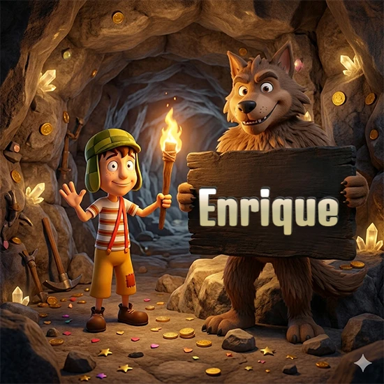 Cueva con monedas de oro y cristales brillantes. Niño de dibujos animados con sombrero verde y camisa a rayas con una antorcha encendida. Lobo grande sonriente con cartel de madera oscura mostrando el nombre Enrique en blanco.