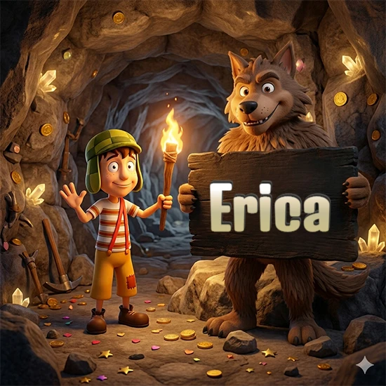 Cueva con monedas de oro y cristales brillantes. Niño de dibujos animados con sombrero verde y camisa a rayas con una antorcha encendida. Lobo grande sonriente con cartel de madera oscura mostrando el nombre Erica en blanco.