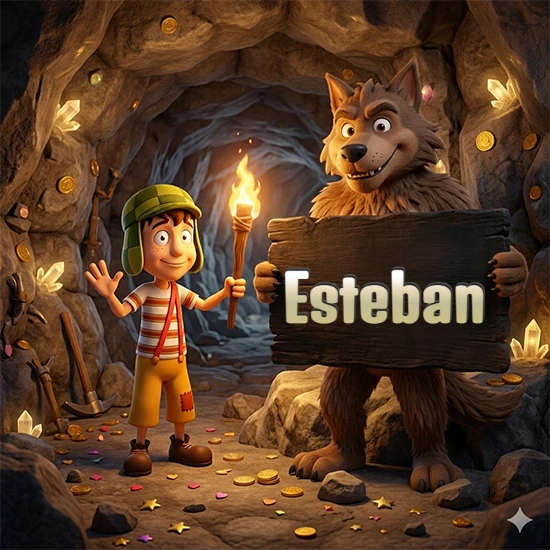Cueva con monedas de oro y cristales brillantes. Niño de dibujos animados con sombrero verde y camisa a rayas con una antorcha encendida. Lobo grande sonriente con cartel de madera oscura mostrando el nombre Esteban en blanco.