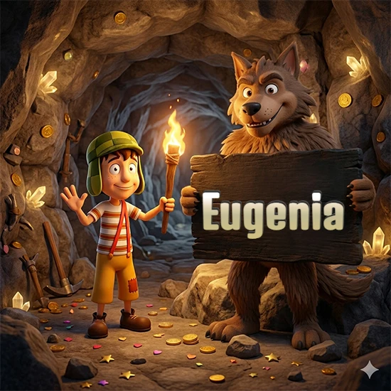 Cueva con monedas de oro y cristales brillantes. Niño de dibujos animados con sombrero verde y camisa a rayas con una antorcha encendida. Lobo grande sonriente con cartel de madera oscura mostrando el nombre Eugenia en blanco.