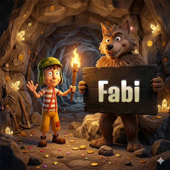 Cueva con monedas de oro y cristales brillantes. Niño de dibujos animados con sombrero verde y camisa a rayas con una antorcha encendida. Lobo grande sonriente con cartel de madera oscura mostrando el nombre Fabi en blanco.