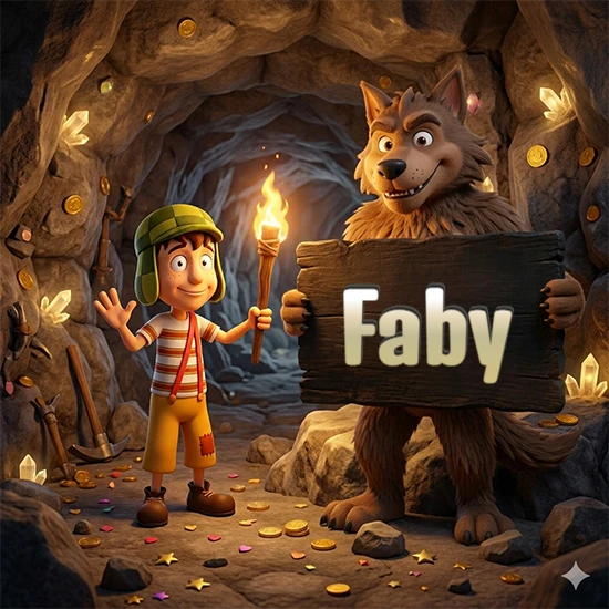 Cueva con monedas de oro y cristales brillantes. Niño de dibujos animados con sombrero verde y camisa a rayas con una antorcha encendida. Lobo grande sonriente con cartel de madera oscura mostrando el nombre Faby en blanco.