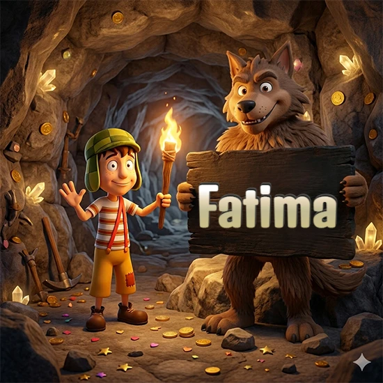 Cueva con monedas de oro y cristales brillantes. Niño de dibujos animados con sombrero verde y camisa a rayas con una antorcha encendida. Lobo grande sonriente con cartel de madera oscura mostrando el nombre Fatima en blanco.