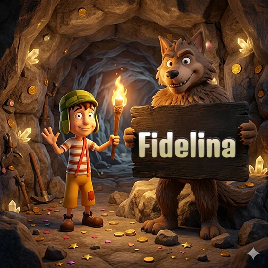 Cueva con monedas de oro y cristales brillantes. Niño de dibujos animados con sombrero verde y camisa a rayas con una antorcha encendida. Lobo grande sonriente con cartel de madera oscura mostrando el nombre Fidelina en blanco. Cueva con monedas de oro y cristales brillantes. Niño de dibujos animados con sombrero verde y camisa a rayas con una antorcha encendida. Lobo grande sonriente con cartel de madera oscura mostrando el nombre Fidelina en blanco.