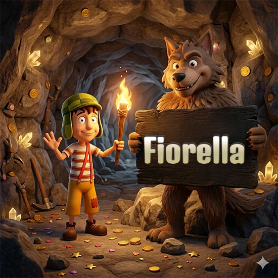 Cueva con monedas de oro y cristales brillantes. Niño de dibujos animados con sombrero verde y camisa a rayas con una antorcha encendida. Lobo grande sonriente con cartel de madera oscura mostrando el nombre Fiorella en blanco.