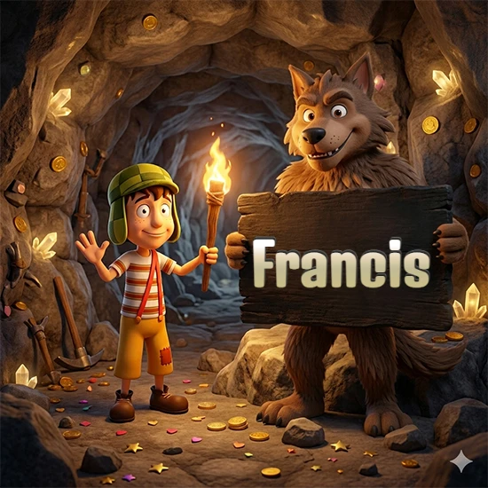 Cueva con monedas de oro y cristales brillantes. Niño de dibujos animados con sombrero verde y camisa a rayas con una antorcha encendida. Lobo grande sonriente con cartel de madera oscura mostrando el nombre Francis en blanco.