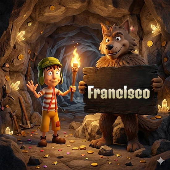 Cueva con monedas de oro y cristales brillantes. Niño de dibujos animados con sombrero verde y camisa a rayas con una antorcha encendida. Lobo grande sonriente con cartel de madera oscura mostrando el nombre Francisco en blanco.