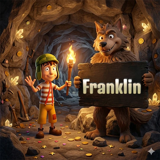 Cueva con monedas de oro y cristales brillantes. Niño de dibujos animados con sombrero verde y camisa a rayas con una antorcha encendida. Lobo grande sonriente con cartel de madera oscura mostrando el nombre Franklin en blanco.