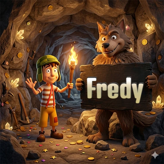 Cueva con monedas de oro y cristales brillantes. Niño de dibujos animados con sombrero verde y camisa a rayas con una antorcha encendida. Lobo grande sonriente con cartel de madera oscura mostrando el nombre Fredy en blanco. Cueva con monedas de oro y cristales brillantes. Niño de dibujos animados con sombrero verde y camisa a rayas con una antorcha encendida. Lobo grande sonriente con cartel de madera oscura mostrando el nombre Fredy en blanco.