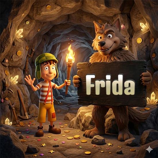 Cueva con monedas de oro y cristales brillantes. Niño de dibujos animados con sombrero verde y camisa a rayas con una antorcha encendida. Lobo grande sonriente con cartel de madera oscura mostrando el nombre Frida en blanco.