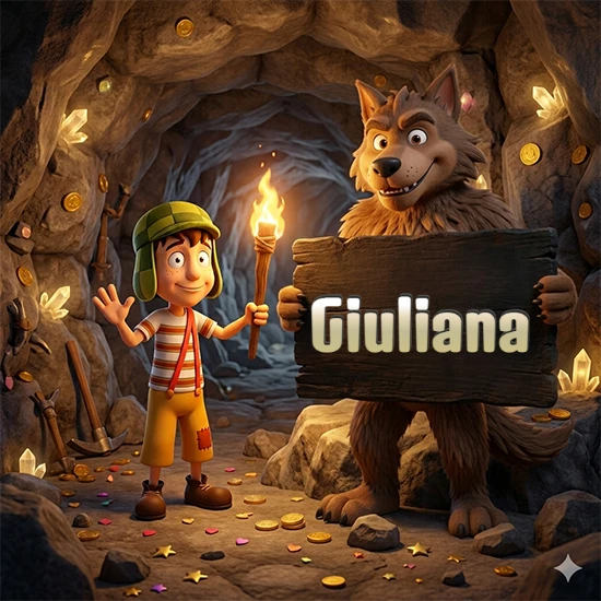 Cueva con monedas de oro y cristales brillantes. Niño de dibujos animados con sombrero verde y camisa a rayas con una antorcha encendida. Lobo grande sonriente con cartel de madera oscura mostrando el nombre Giuliana en blanco.