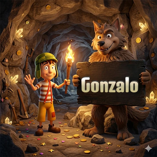 Cueva con monedas de oro y cristales brillantes. Niño de dibujos animados con sombrero verde y camisa a rayas con una antorcha encendida. Lobo grande sonriente con cartel de madera oscura mostrando el nombre Gonzalo en blanco.