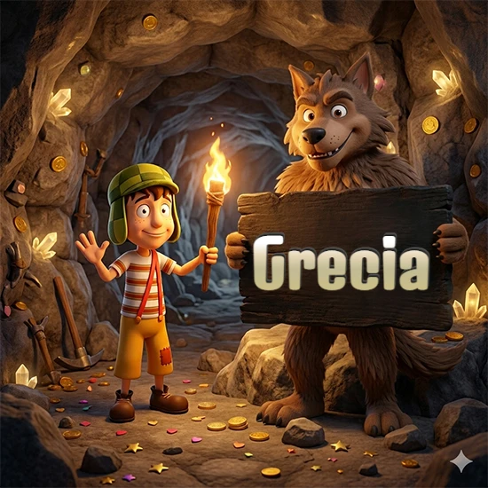 Cueva con monedas de oro y cristales brillantes. Niño de dibujos animados con sombrero verde y camisa a rayas con una antorcha encendida. Lobo grande sonriente con cartel de madera oscura mostrando el nombre Grecia en blanco.