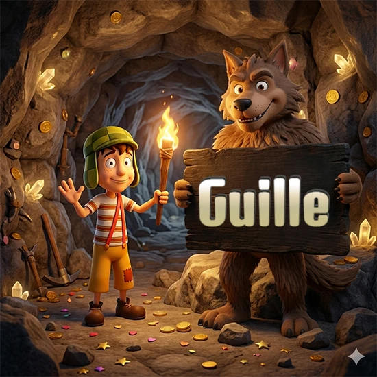 Cueva con monedas de oro y cristales brillantes. Niño de dibujos animados con sombrero verde y camisa a rayas con una antorcha encendida. Lobo grande sonriente con cartel de madera oscura mostrando el nombre Guille en blanco.