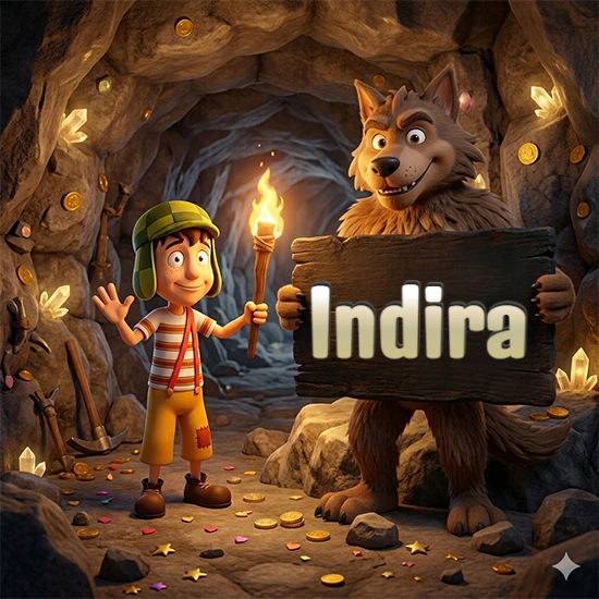 Cueva con monedas de oro y cristales brillantes. Niño de dibujos animados con sombrero verde y camisa a rayas con una antorcha encendida. Lobo grande sonriente con cartel de madera oscura mostrando el nombre Indira en blanco.