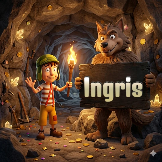 Cueva con monedas de oro y cristales brillantes. Niño de dibujos animados con sombrero verde y camisa a rayas con una antorcha encendida. Lobo grande sonriente con cartel de madera oscura mostrando el nombre Ingris en blanco.