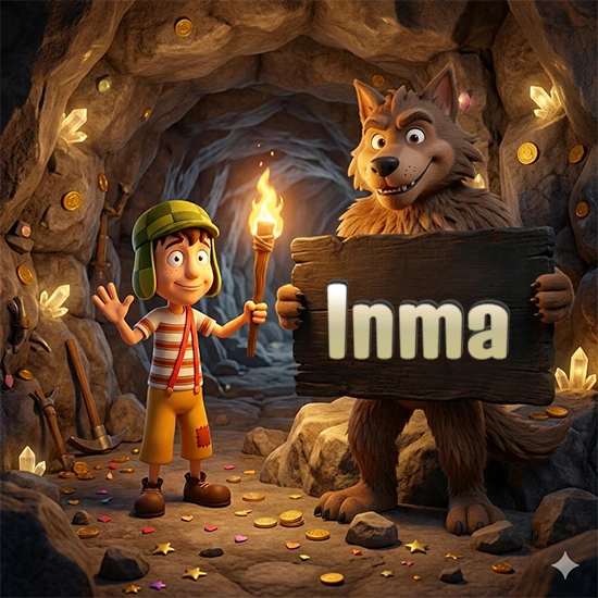 Cueva con monedas de oro y cristales brillantes. Niño de dibujos animados con sombrero verde y camisa a rayas con una antorcha encendida. Lobo grande sonriente con cartel de madera oscura mostrando el nombre Inma en blanco.
