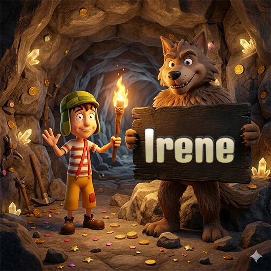Cueva con monedas de oro y cristales brillantes. Niño de dibujos animados con sombrero verde y camisa a rayas con una antorcha encendida. Lobo grande sonriente con cartel de madera oscura mostrando el nombre Irene en blanco.