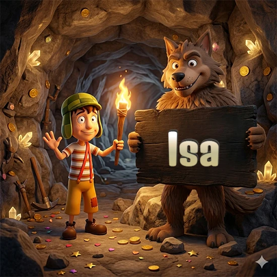 Cueva con monedas de oro y cristales brillantes. Niño de dibujos animados con sombrero verde y camisa a rayas con una antorcha encendida. Lobo grande sonriente con cartel de madera oscura mostrando el nombre Isa en blanco.