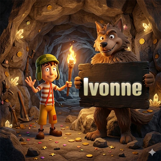Cueva con monedas de oro y cristales brillantes. Niño de dibujos animados con sombrero verde y camisa a rayas con una antorcha encendida. Lobo grande sonriente con cartel de madera oscura mostrando el nombre Ivonne en blanco.