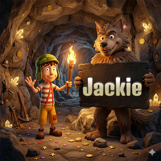 Cueva con monedas de oro y cristales brillantes. Niño de dibujos animados con sombrero verde y camisa a rayas con una antorcha encendida. Lobo grande sonriente con cartel de madera oscura mostrando el nombre Jackie en blanco.