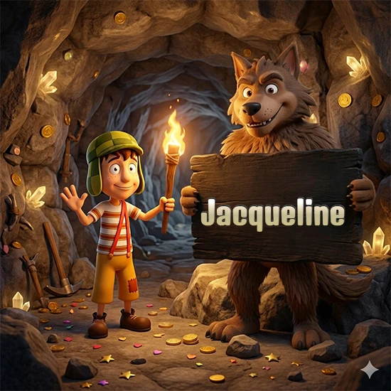 Cueva con monedas de oro y cristales brillantes. Niño de dibujos animados con sombrero verde y camisa a rayas con una antorcha encendida. Lobo grande sonriente con cartel de madera oscura mostrando el nombre Jacqueline en blanco.