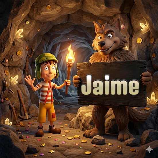 Cueva con monedas de oro y cristales brillantes. Niño de dibujos animados con sombrero verde y camisa a rayas con una antorcha encendida. Lobo grande sonriente con cartel de madera oscura mostrando el nombre Jaime en blanco.