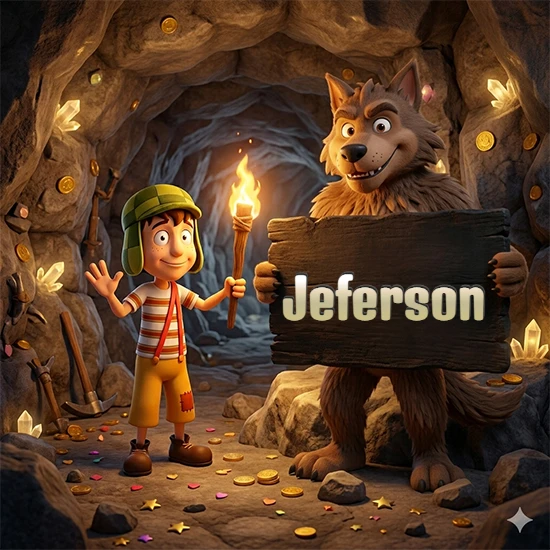 Cueva con monedas de oro y cristales brillantes. Niño de dibujos animados con sombrero verde y camisa a rayas con una antorcha encendida. Lobo grande sonriente con cartel de madera oscura mostrando el nombre Jeferson en blanco. Cueva con monedas de oro y cristales brillantes. Niño de dibujos animados con sombrero verde y camisa a rayas con una antorcha encendida. Lobo grande sonriente con cartel de madera oscura mostrando el nombre Jeferson en blanco.