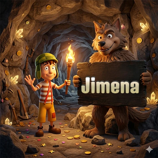 Cueva con monedas de oro y cristales brillantes. Niño de dibujos animados con sombrero verde y camisa a rayas con una antorcha encendida. Lobo grande sonriente con cartel de madera oscura mostrando el nombre Jimena en blanco.