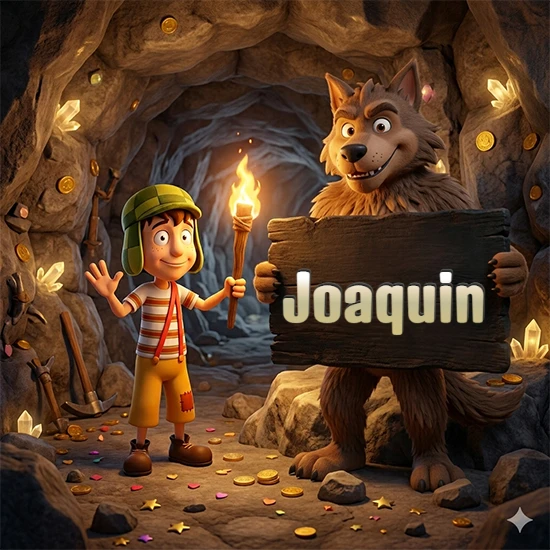 Cueva con monedas de oro y cristales brillantes. Niño de dibujos animados con sombrero verde y camisa a rayas con una antorcha encendida. Lobo grande sonriente con cartel de madera oscura mostrando el nombre Joaquin en blanco.