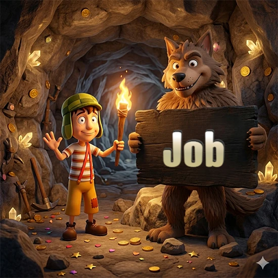 Cueva con monedas de oro y cristales brillantes. Niño de dibujos animados con sombrero verde y camisa a rayas con una antorcha encendida. Lobo grande sonriente con cartel de madera oscura mostrando el nombre Job en blanco.