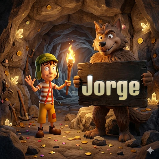 Cueva con monedas de oro y cristales brillantes. Niño de dibujos animados con sombrero verde y camisa a rayas con una antorcha encendida. Lobo grande sonriente con cartel de madera oscura mostrando el nombre Jorge en blanco.