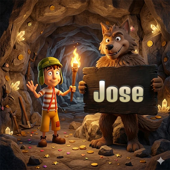 Cueva con monedas de oro y cristales brillantes. Niño de dibujos animados con sombrero verde y camisa a rayas con una antorcha encendida. Lobo grande sonriente con cartel de madera oscura mostrando el nombre Jose en blanco. Cueva con monedas de oro y cristales brillantes. Niño de dibujos animados con sombrero verde y camisa a rayas con una antorcha encendida. Lobo grande sonriente con cartel de madera oscura mostrando el nombre Jose en blanco.